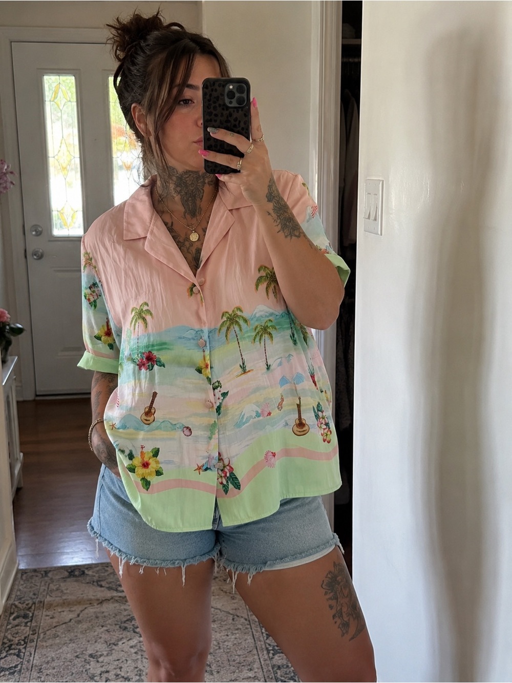 Rachel Zoe Pastel Pink and Mint Tropical Print Short Sleeve Button-Down Shirt
